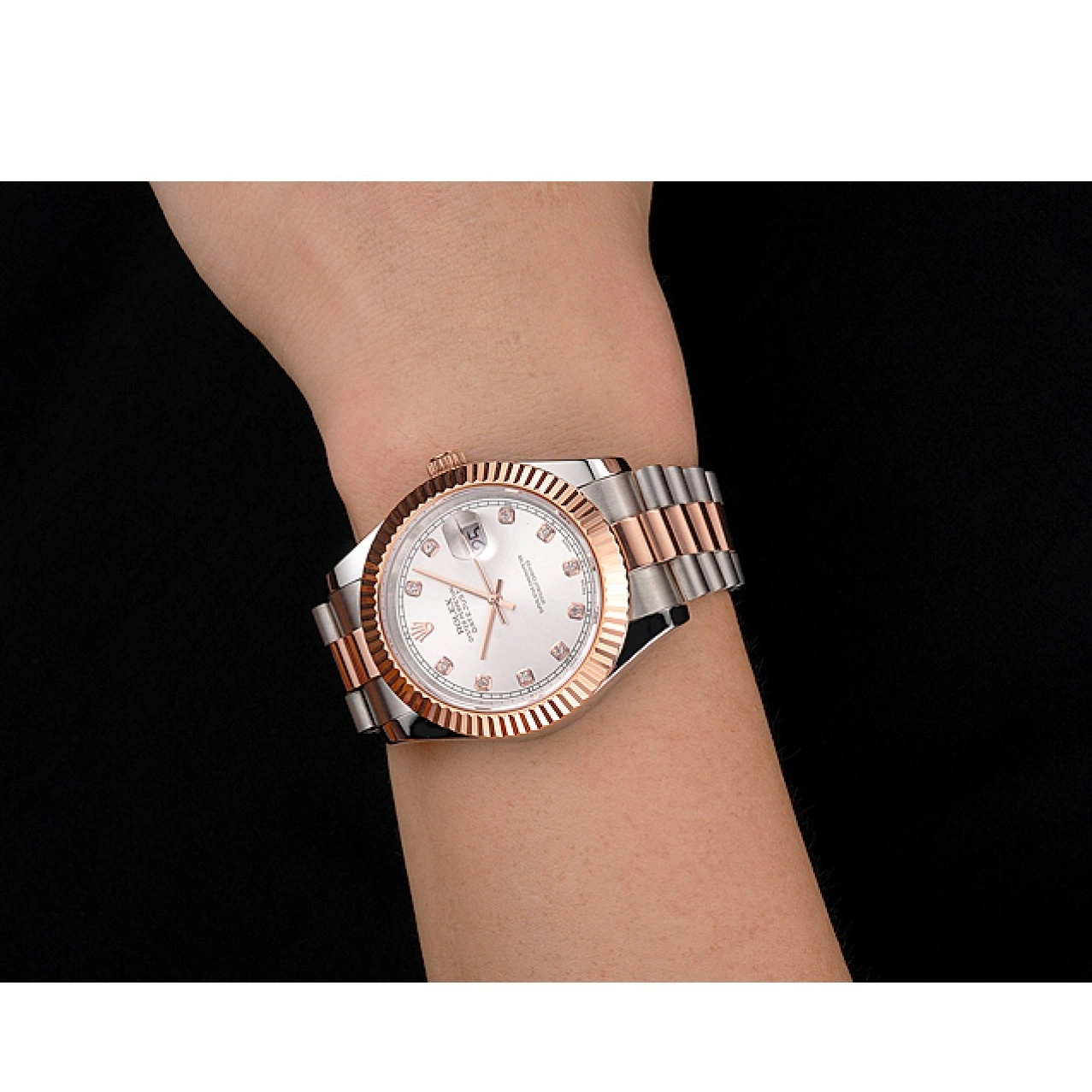 Rolex copies cheap Stainless Datejust White Case Swiss Bezel Dial Gold Steel Tone Rose Two Bracelet Rolex 0717